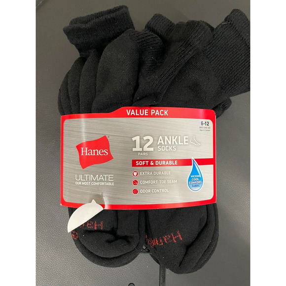 Men's Hanes 12 Pair Black Ankle Socks Size 6-12 - Picture 1 of 3